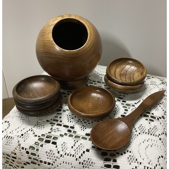 Vintage Mid Century Modern Atomic Wood Orb Sphere Serving Bowl 6 Bowls & Spoon - Picture 2 of 11